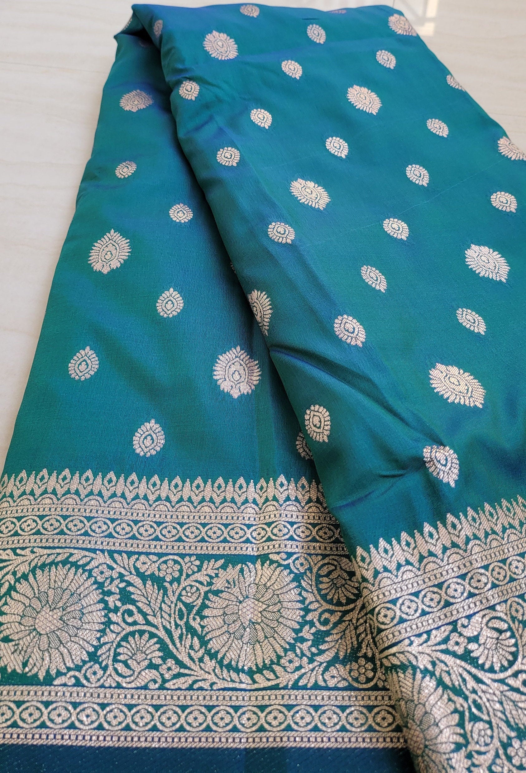 Peacock Blue Katan Benarasi Silk Saree