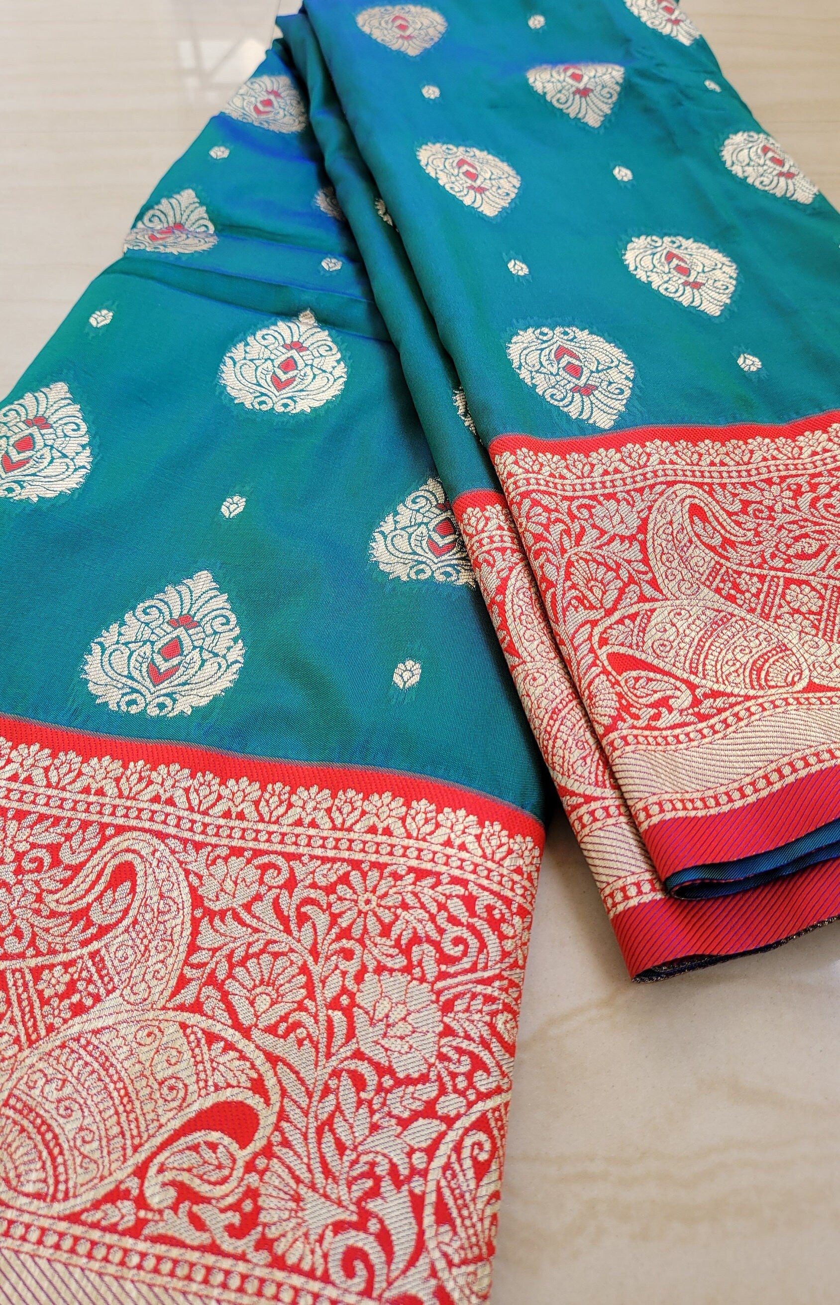 Peacock Blue Katan Benarasi Silk Saree