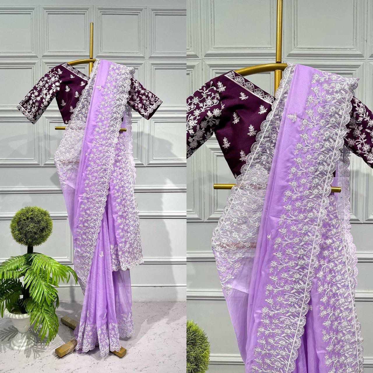 Sequence Work Saree Tabby Organza Cotton Thread Embroidery