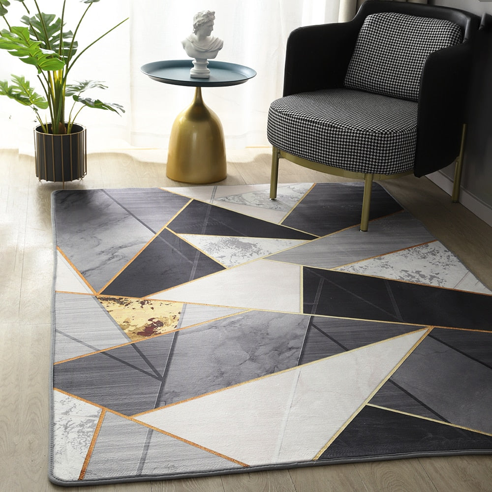 Black Gray Golden Marble Geometric Carpet for Living Room | Plush Area Rug