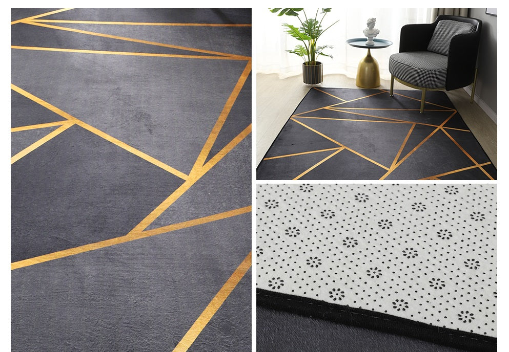 Black Golden Marble Geometric Carpet for Living Room | Plush Area Rug